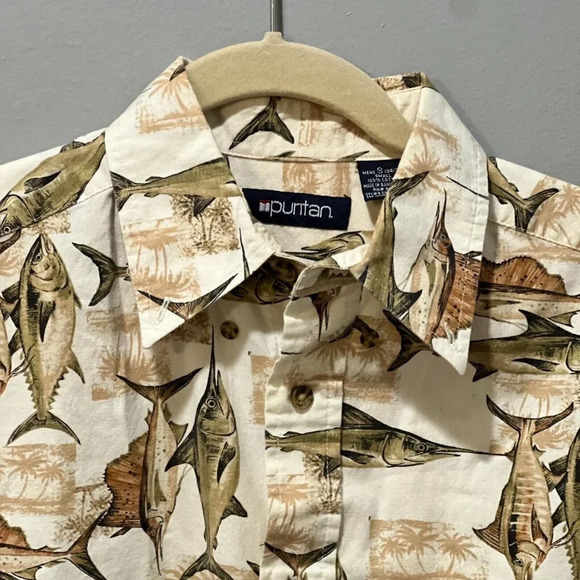 Puritan Mens Brown Marlin Fish Hawaiian Button Down Shirt Small Short Sleeve - Picture 4 of 9